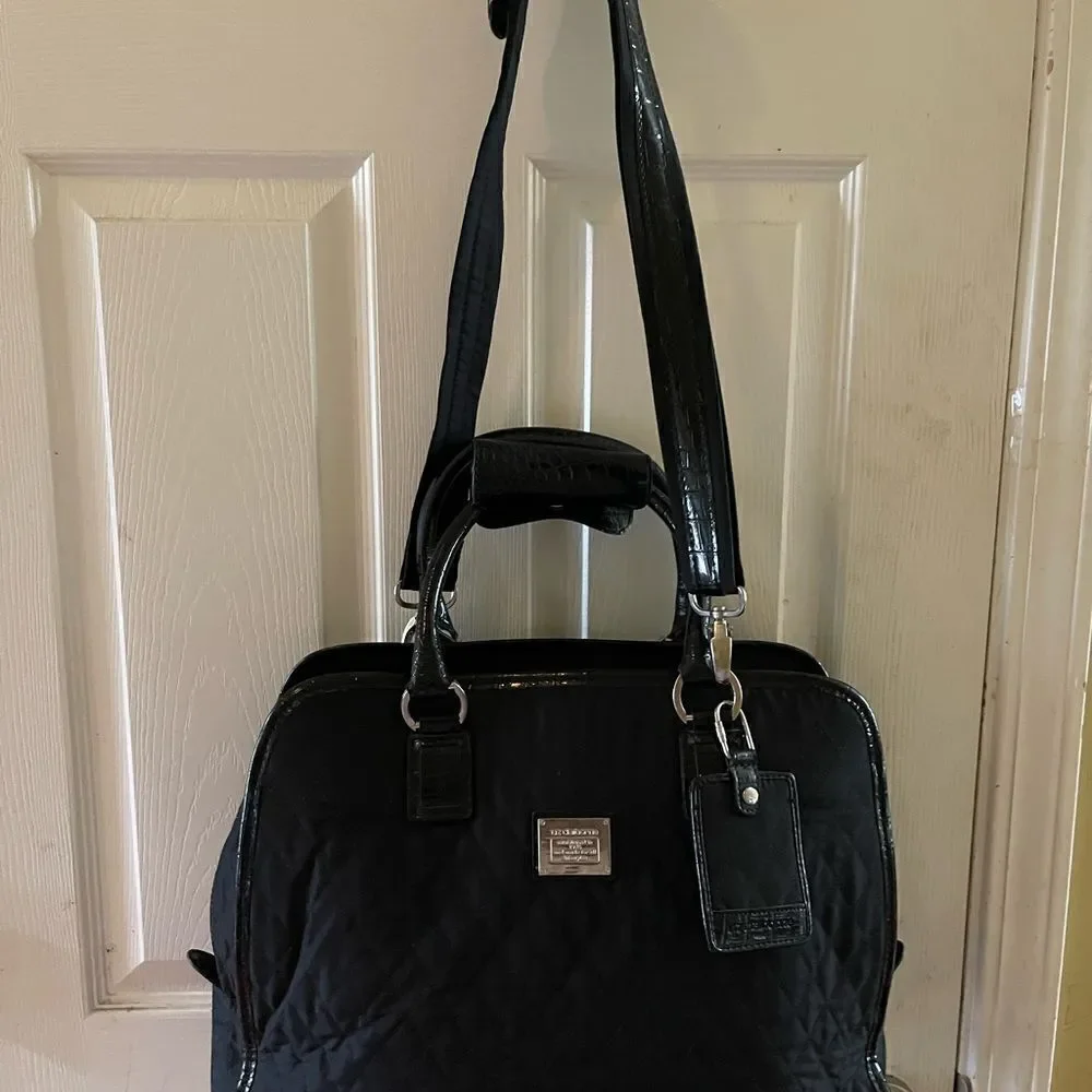 Liz Claiborne Black quilted fabric large laptop work bag silver tone hardwares